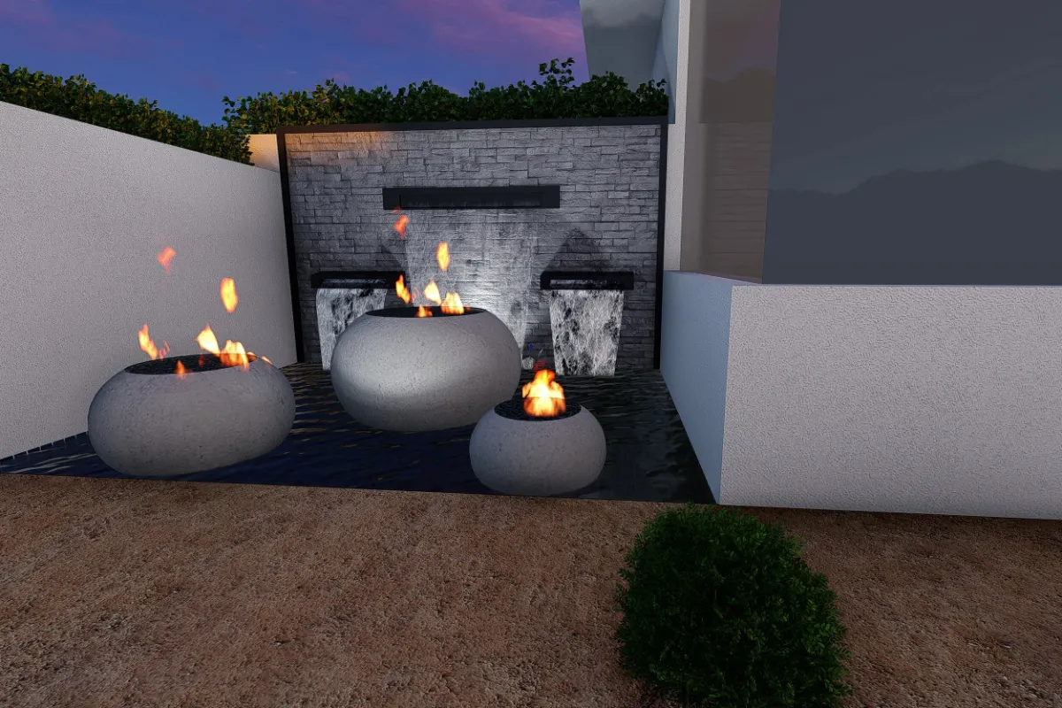 3-D rendering: three stone fire bowls in a shallow water basin against a lit stacked stone wall at dusk
