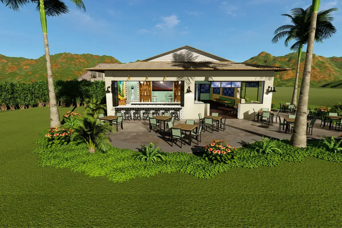 3-D rendering: single-storey bar and restaurant building with an open service window, patio dining and planting
