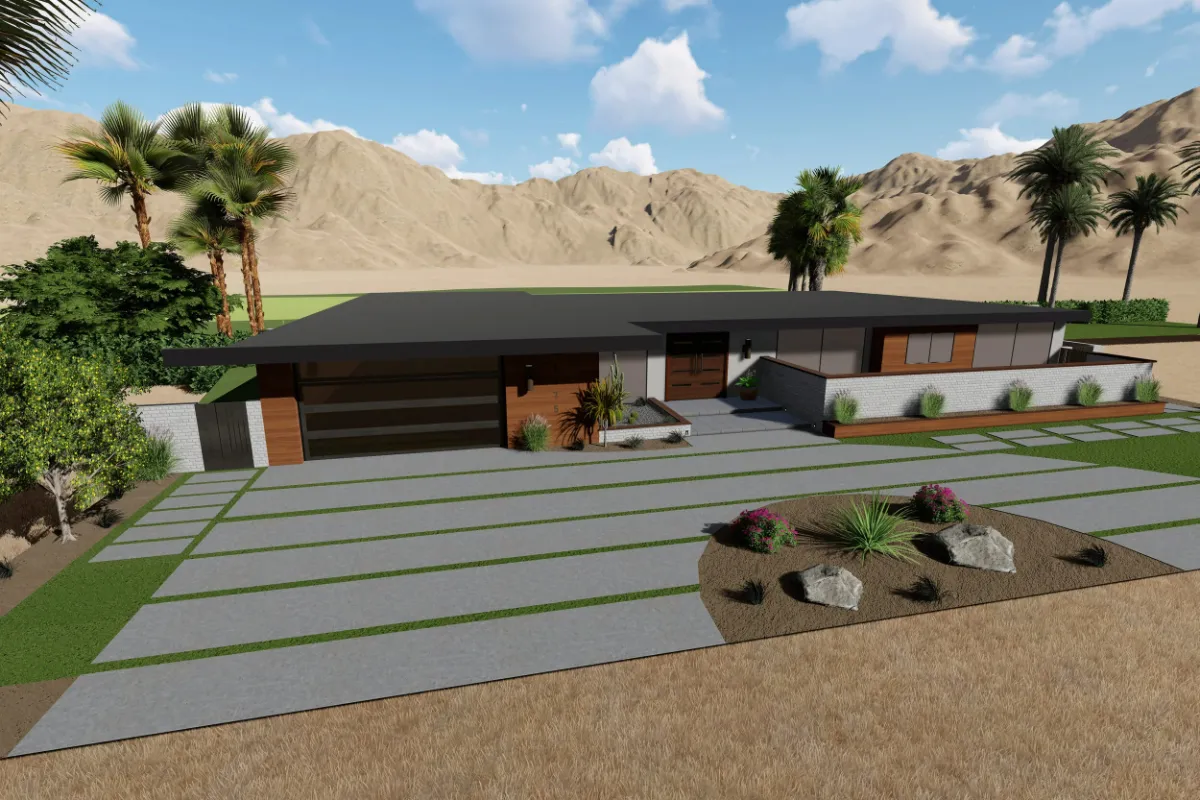 3-D rendering: low mid-century ranch elevation with wood garage doors, banded concrete driveway and mountains behind