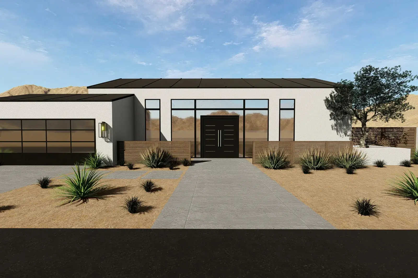 3-D rendering: symmetrical desert modern front elevation with a dark recessed entry, horizontal wood screens and desert planting