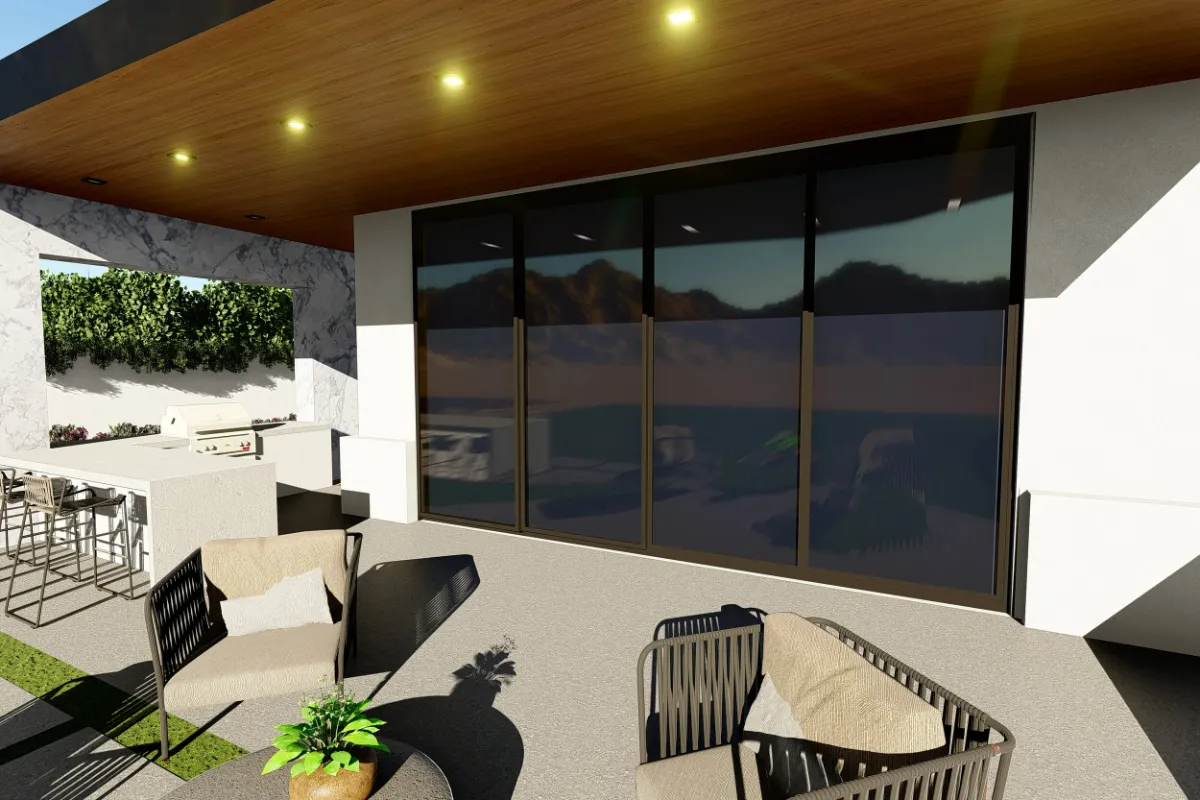 3-D rendering: covered patio with a warm wood ceiling, recessed lighting and a wall of dark glass beside an outdoor kitchen