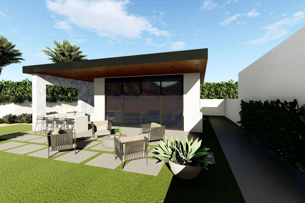 3-D rendering: flat-roofed cabana with a wood soffit and stone piers opening to a paver-and-lawn terrace with lounge seating