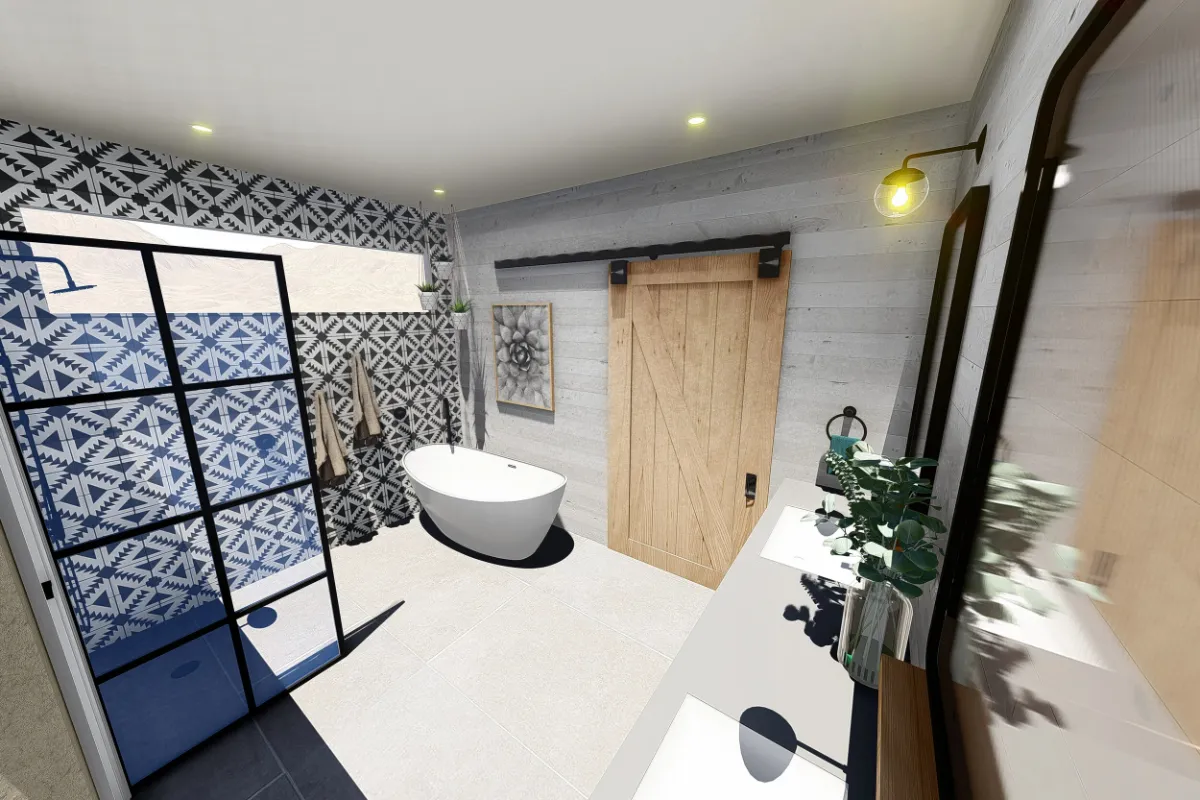 3-D rendering: bathroom with patterned blue and white tile, a freestanding tub, black-framed shower screen and a barn door